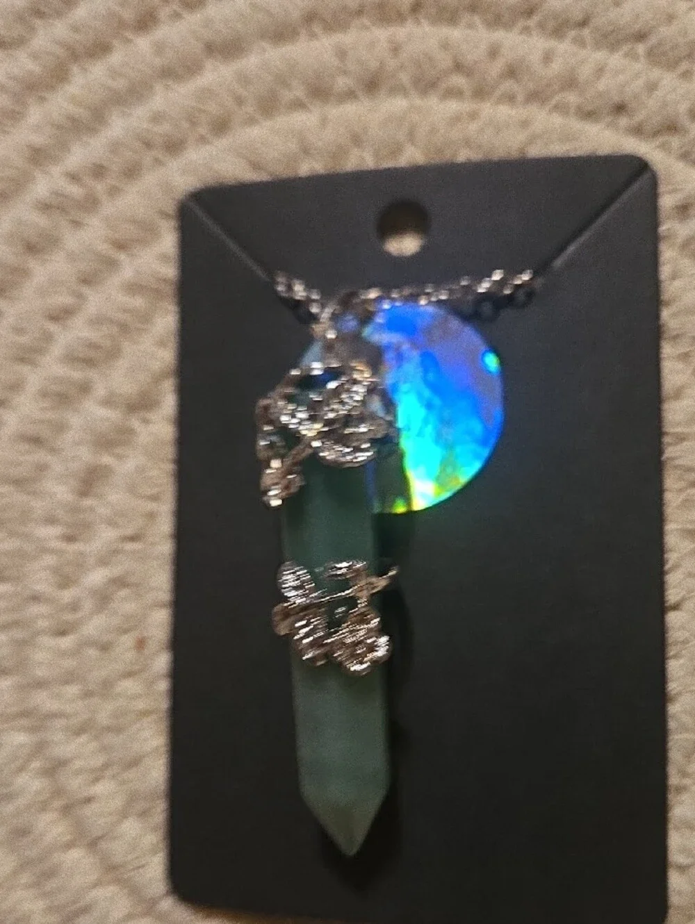 Silver Floral Wrap Green Crystal Pendant Necklace by